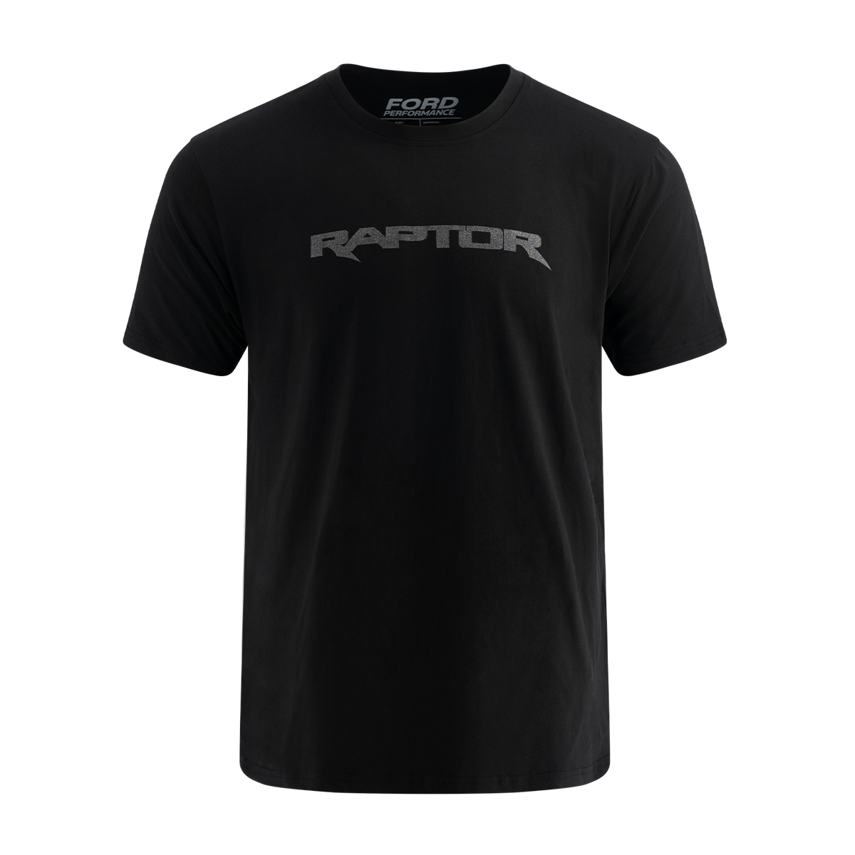 A black crew neck t-shirt with 'Raptor' printed in reflective ink on the front.
