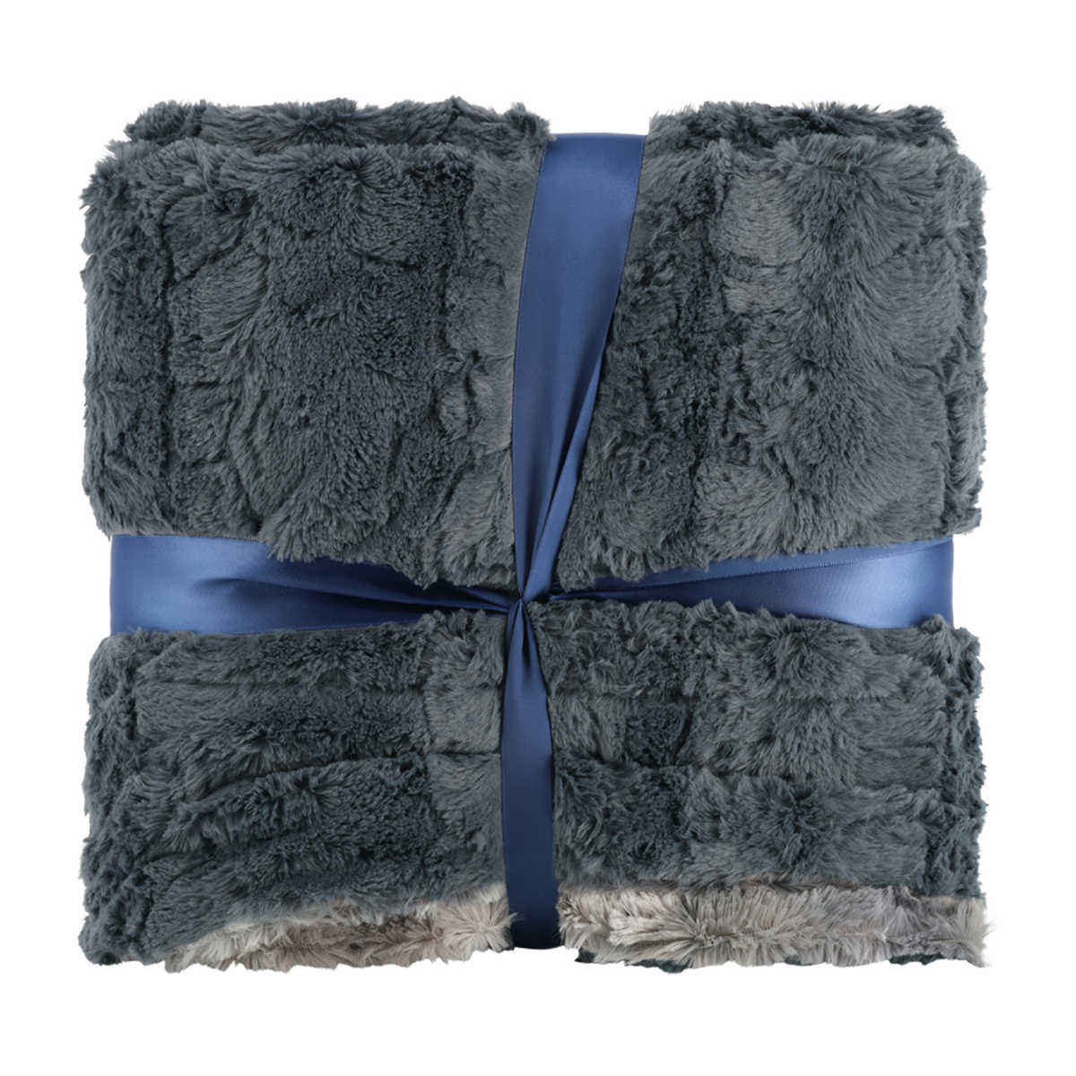 Gray textured blanket tied with a blue ribbon on a white background