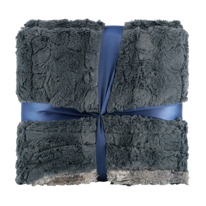 Gray textured blanket tied with a blue ribbon on a white background