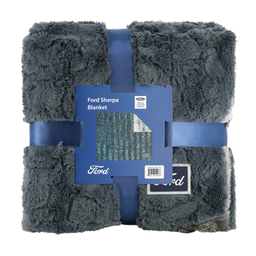 Gray Sherpa blanket with Ford branding on a white background