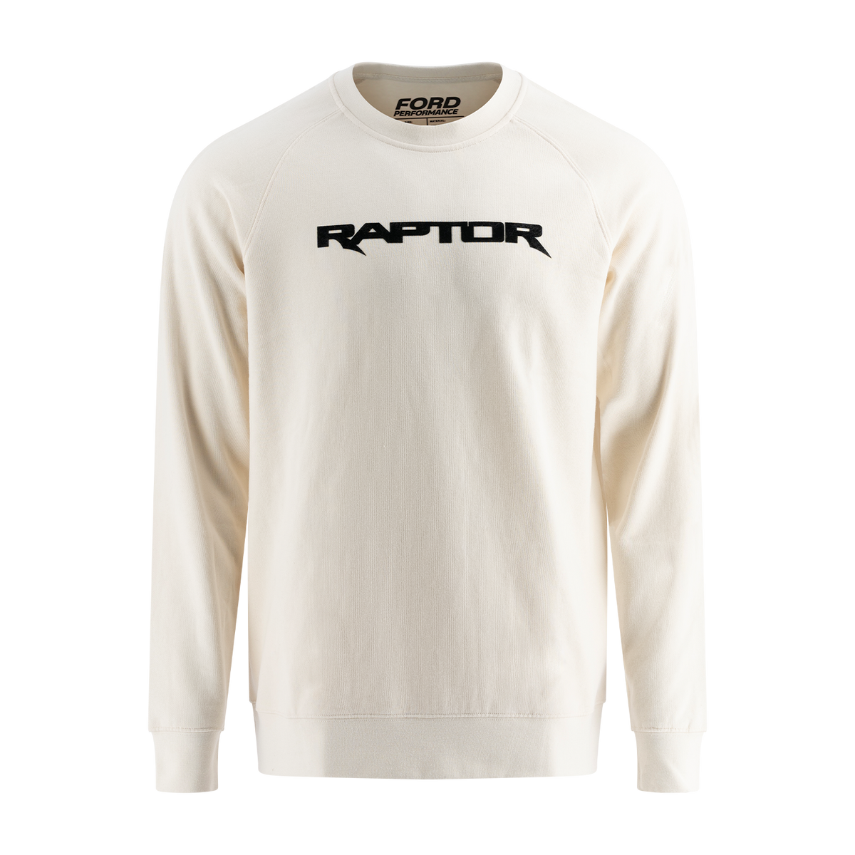 White crew sweatshirt with 'Raptor' text on the front.