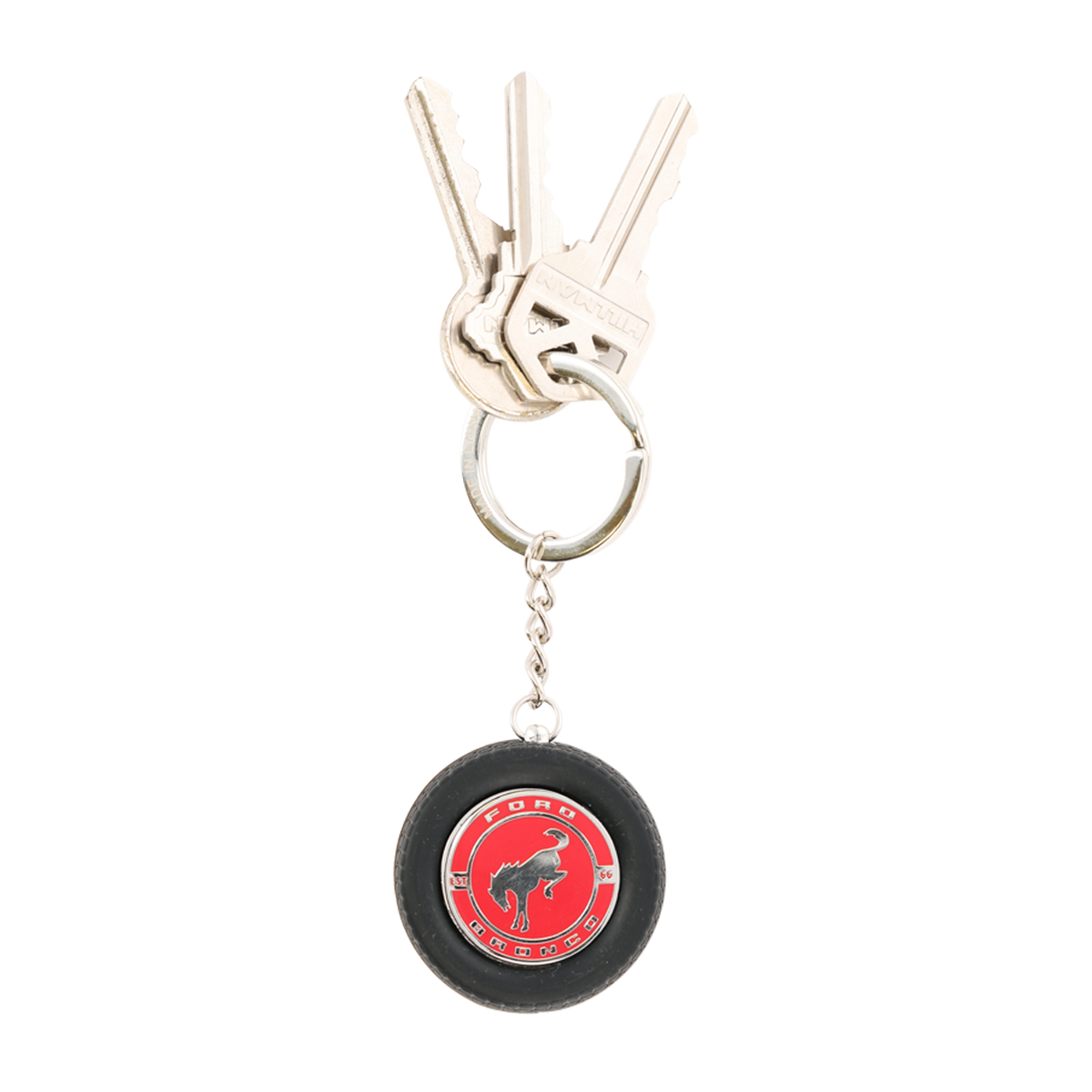 Keychain with a red and black design on a white background