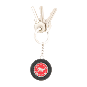 Keychain with a red and black logo on a white background