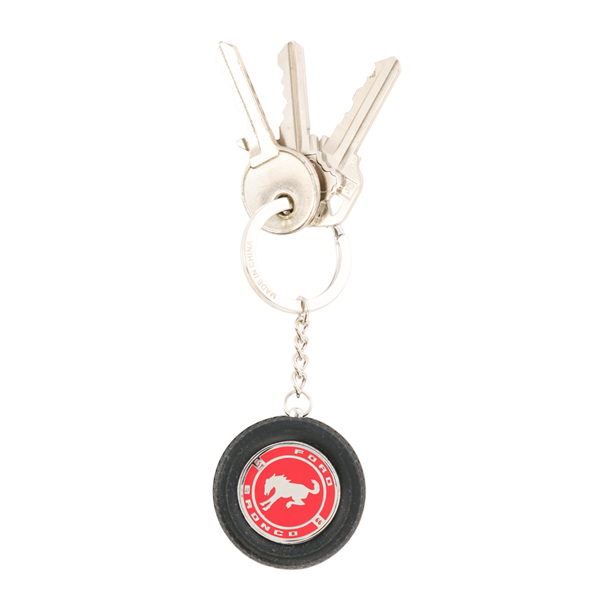 Keychain with a red and black logo on a white background