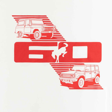Red and white graphic of a car and a logo on a white background