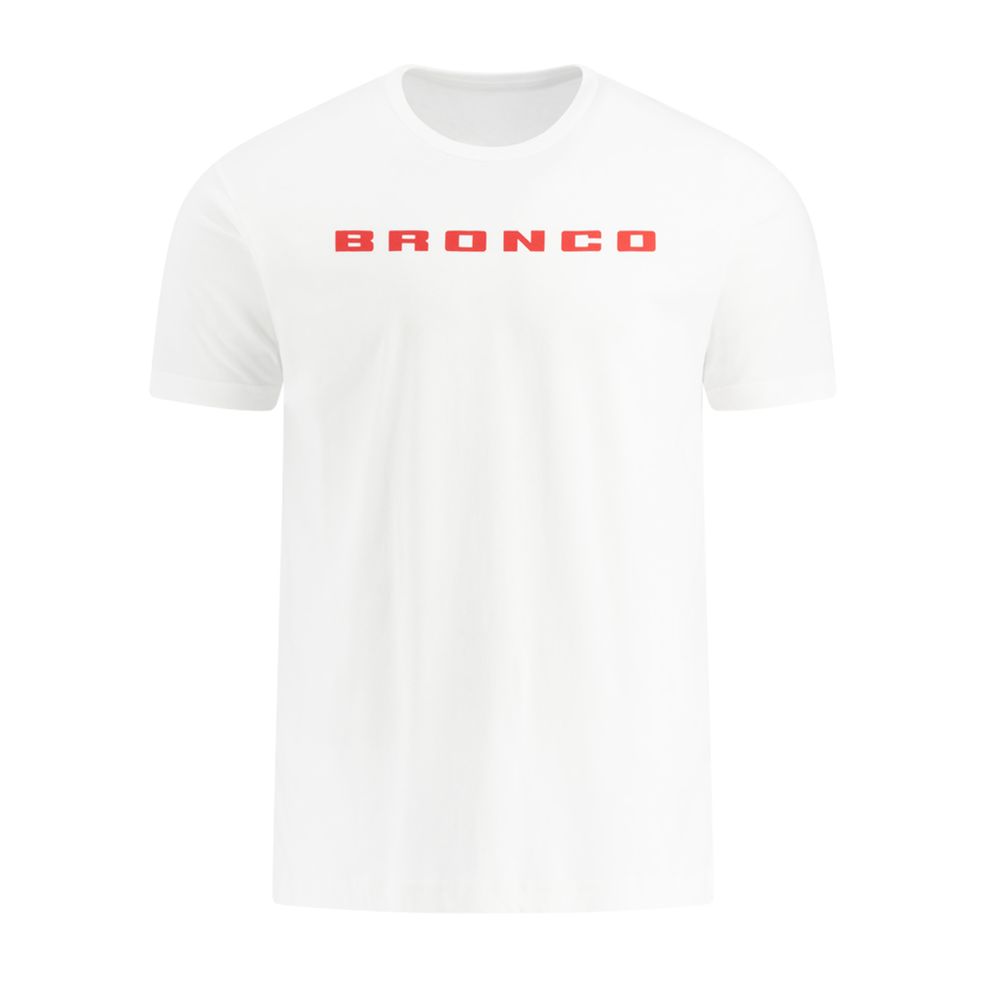 White t-shirt with 'BRONCO' printed in red on a white background