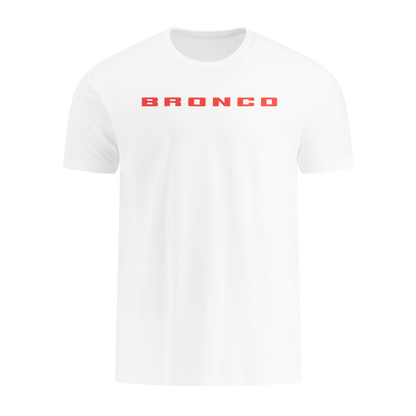 White t-shirt with 'BRONCO' printed in red on a white background