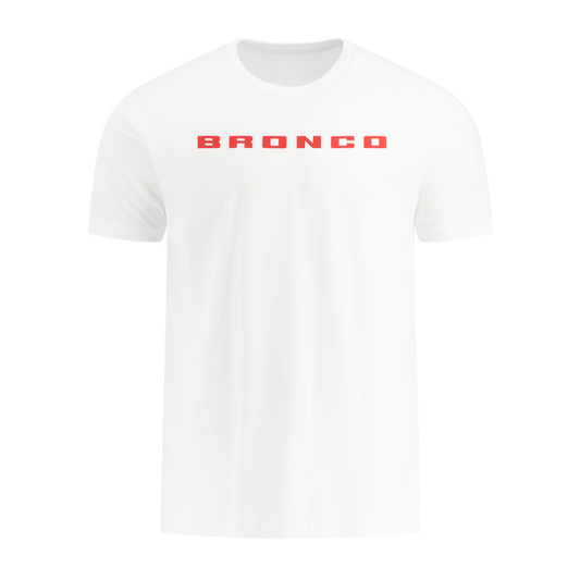 White t-shirt with 'BRONCO' printed in red on a white background