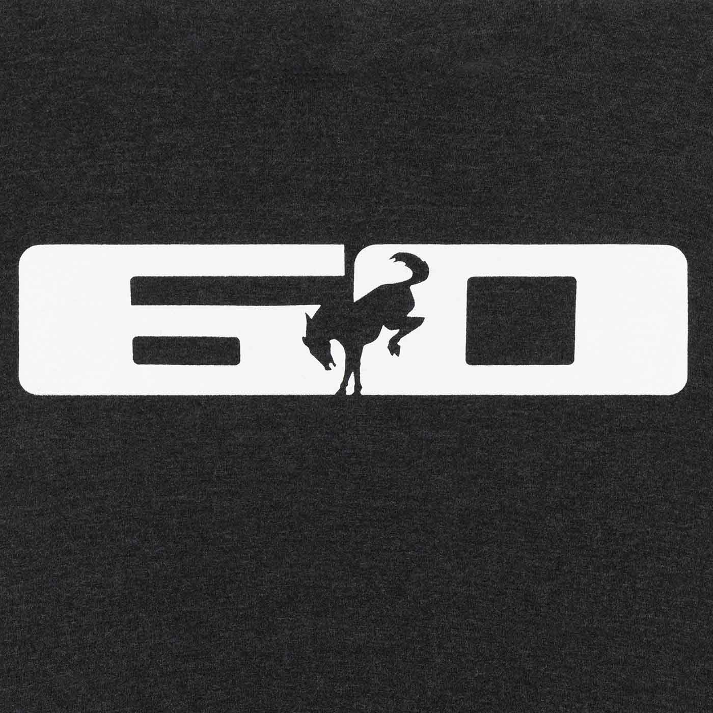 White logo with a horse silhouette on a black background