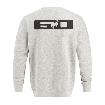 Gray sweatshirt with a black logo on the back against a white background
