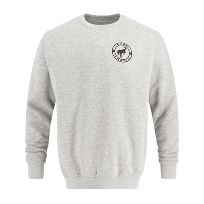 Gray sweatshirt with a black logo on a white background