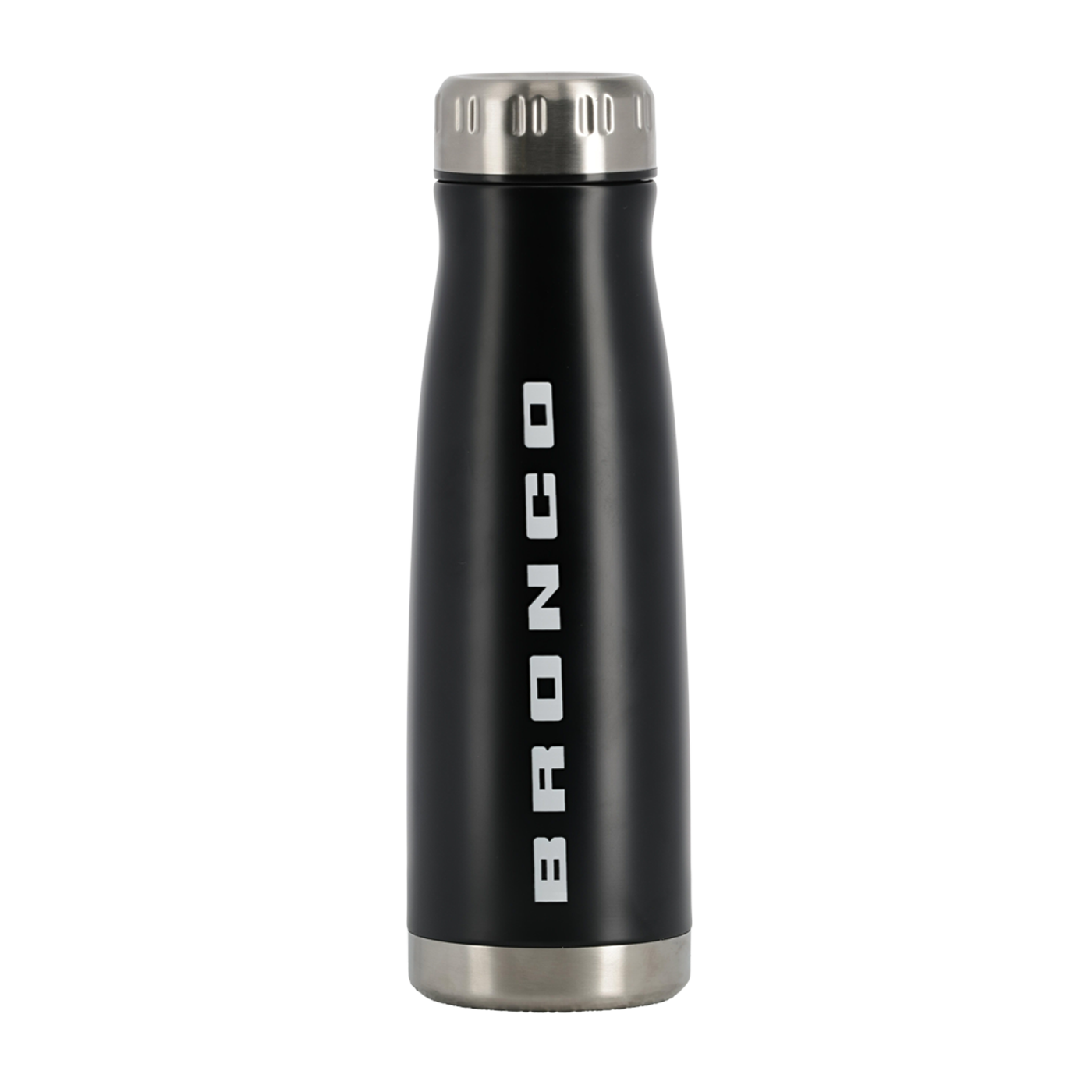Black thermos with 'Bronco' branding on a white background