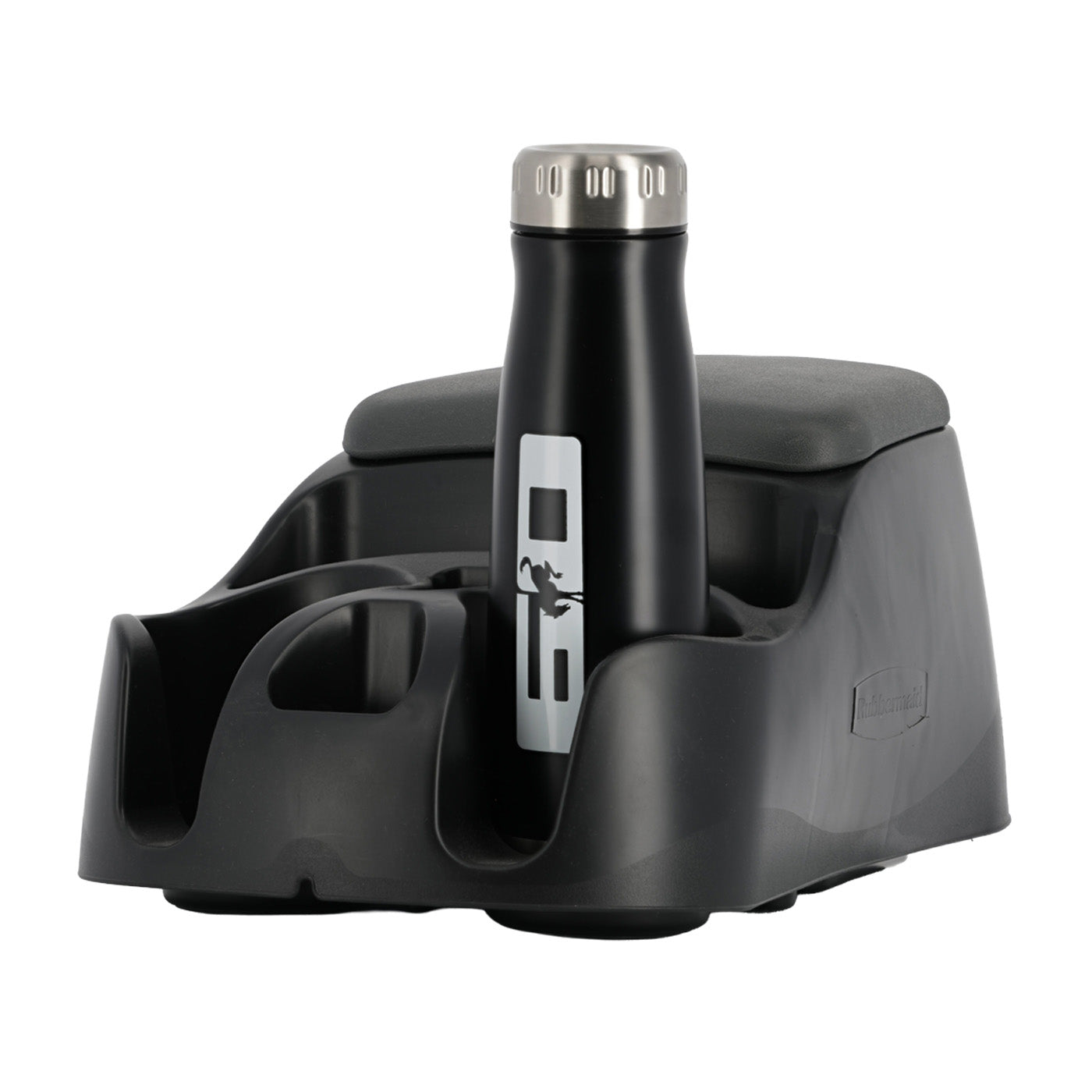 Black bottle holder with a black water bottle featuring a logo on a white background