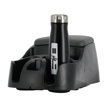 Black bottle holder with a black water bottle featuring a logo on a white background
