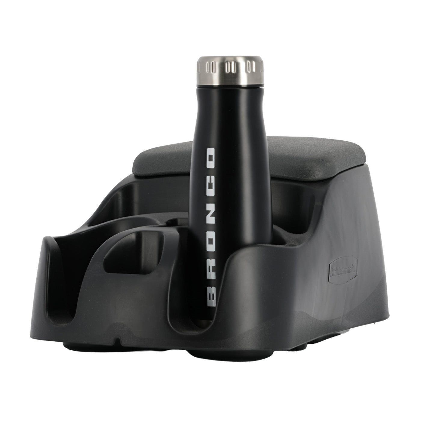 Black water bottle with 'Bronco' branding in a holder on a white background