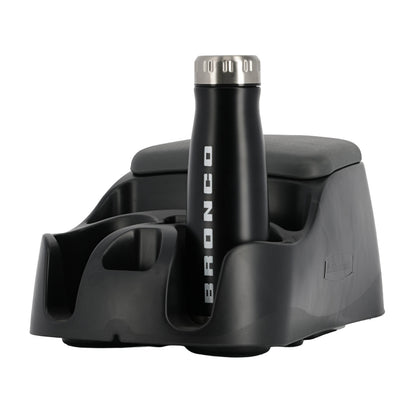 Black water bottle with 'Bronco' branding in a holder on a white background
