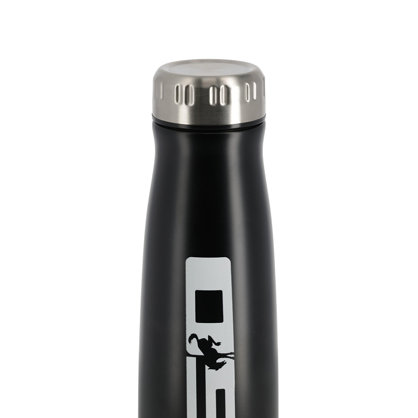 Black water bottle with a silver cap on a white background