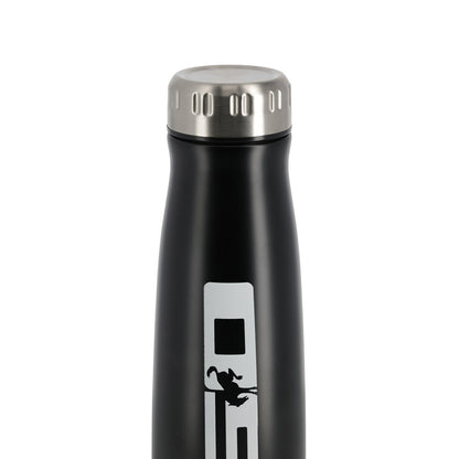Black water bottle with a silver cap on a white background