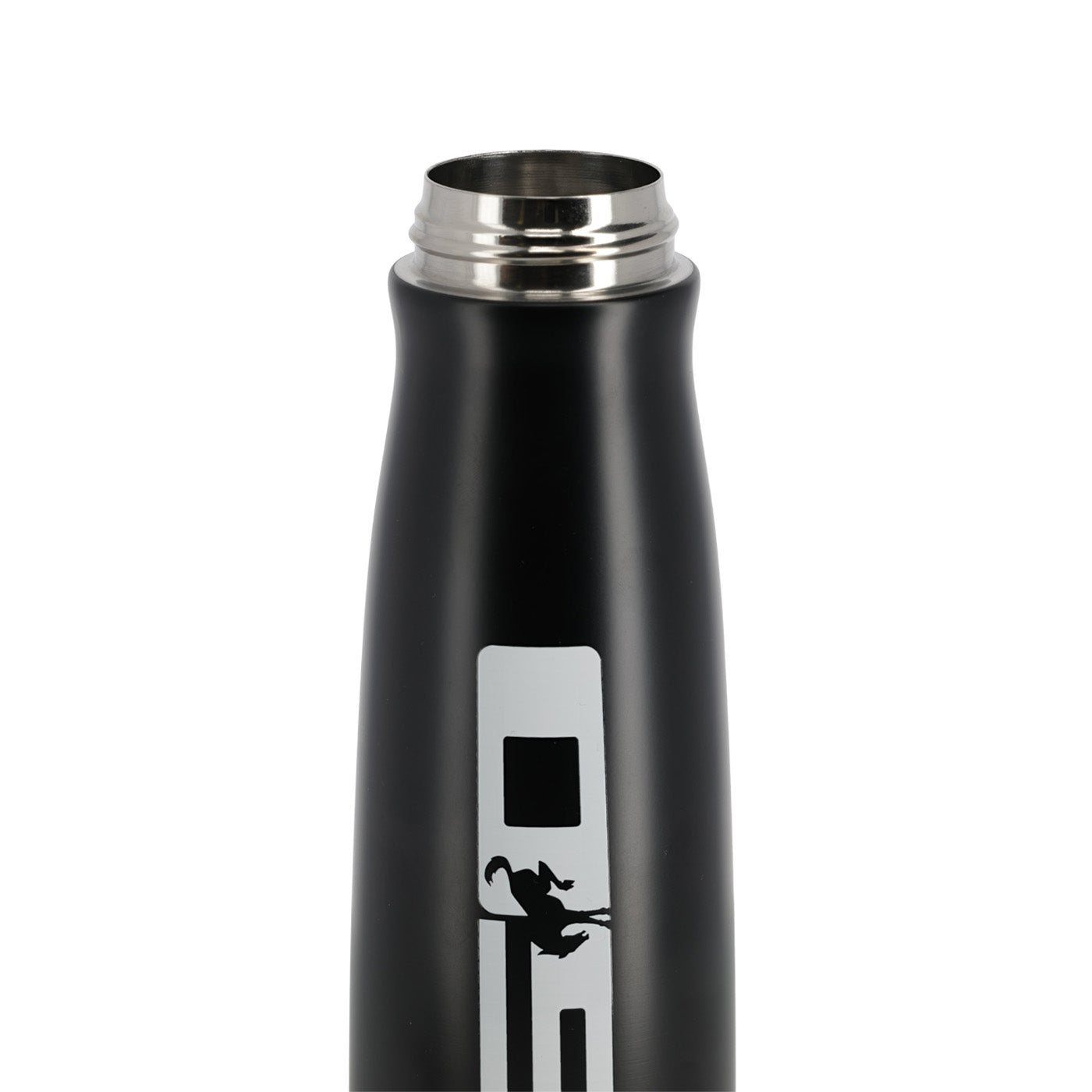 Black water bottle with a silver cap on a white background