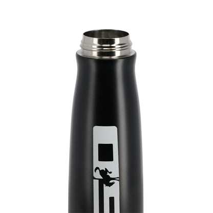 Black water bottle with a silver cap on a white background