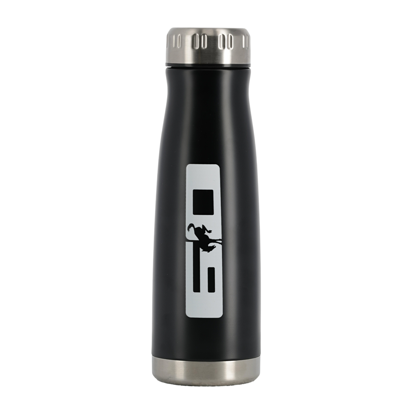 Black water bottle with silver cap and logo on a white background