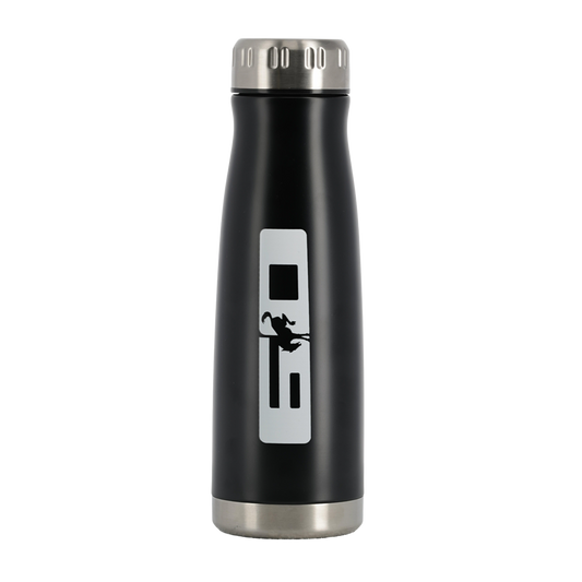 Black water bottle with silver cap and logo on a white background