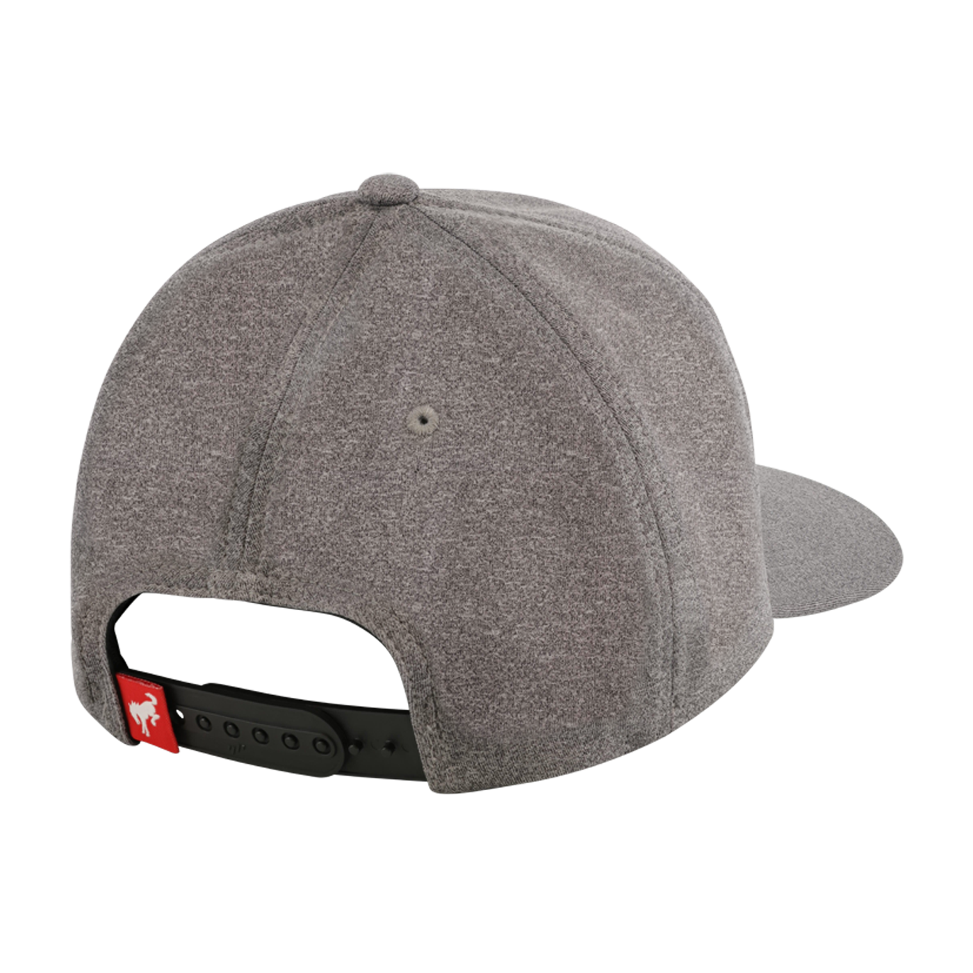 back of gray bronco 60th anniversary hat with metal 60th silver medallion with red bronco and snapback closure