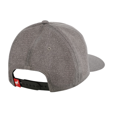 back of gray bronco 60th anniversary hat with metal 60th silver medallion with red bronco and snapback closure