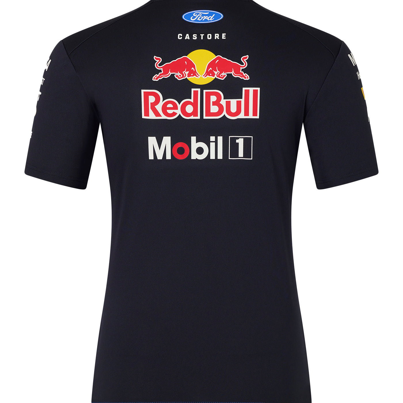 Black t-shirt with Red Bull and Mobil 1 logos on a white background