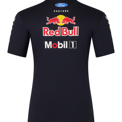 Black t-shirt with Red Bull and Mobil 1 logos on a white background