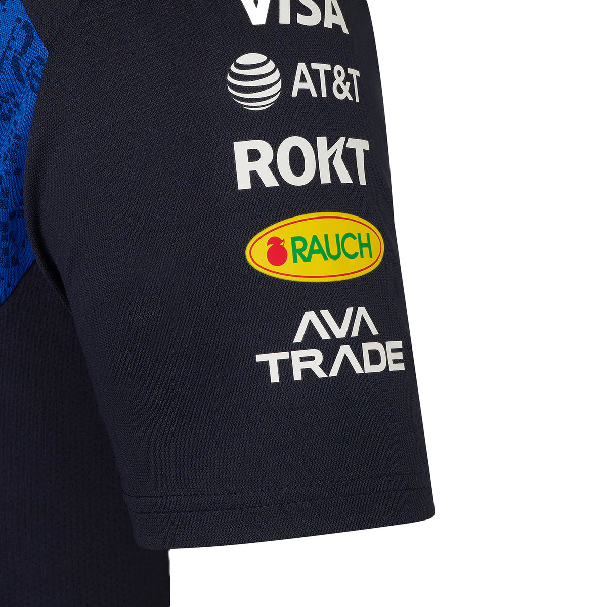 Black t-shirt with various brand logos on the sleeve on a white background