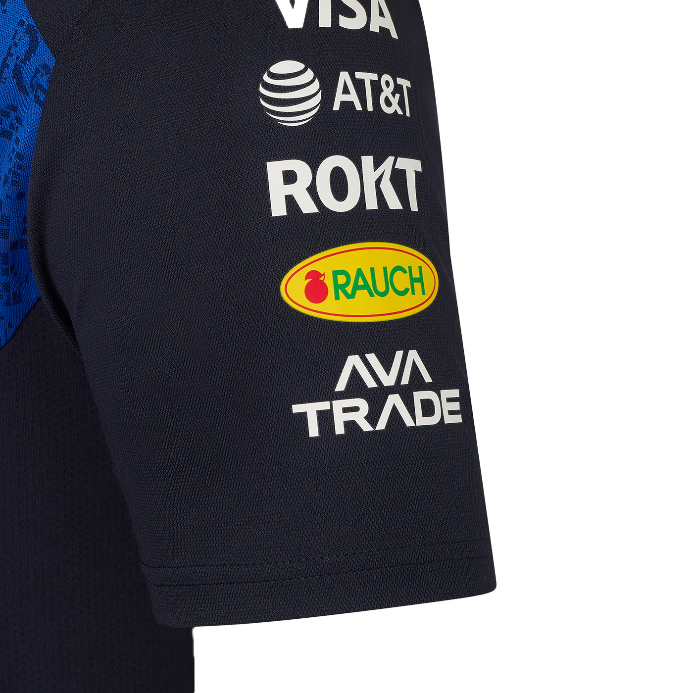 Black t-shirt with various brand logos on the sleeve on a white background