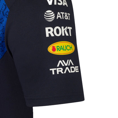 Black t-shirt with various brand logos on the sleeve on a white background