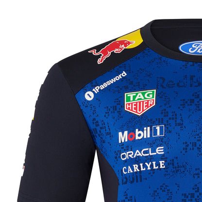Close-up of a ford racing t-shirt with various brand logos on a white background