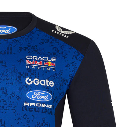 Blue and black ford racing jersey with various sponsor logos on a white background
