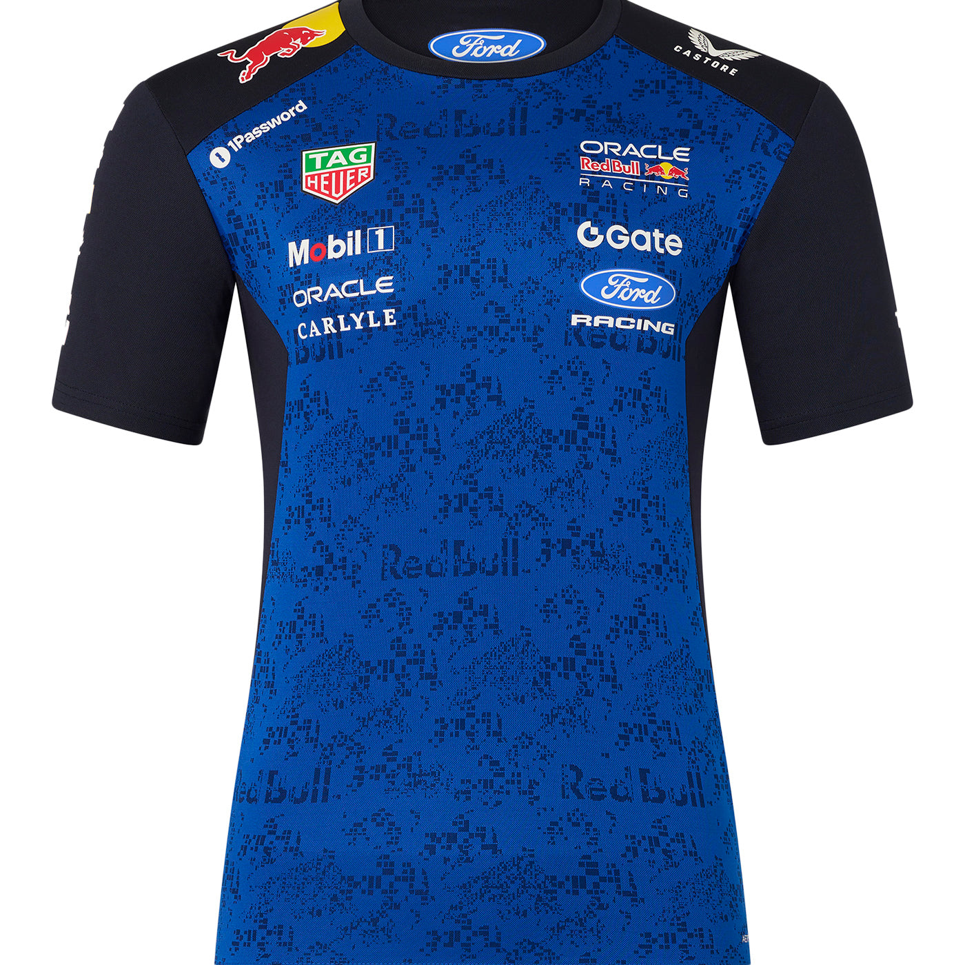 Blue and black ford racing and red bull racing shirt with various sponsor logos on a white background
