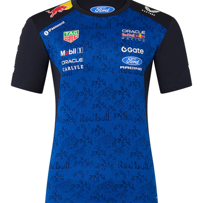 Blue and black ford racing and red bull racing shirt with various sponsor logos on a white background