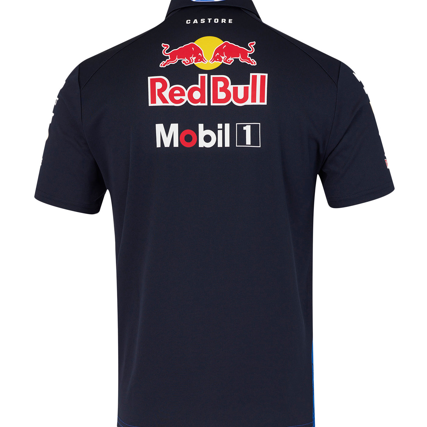 Black polo shirt with Red Bull and Mobil 1 logos on a white background