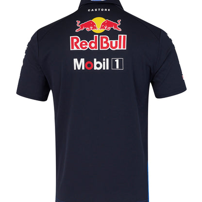 Black polo shirt with Red Bull and Mobil 1 logos on a white background