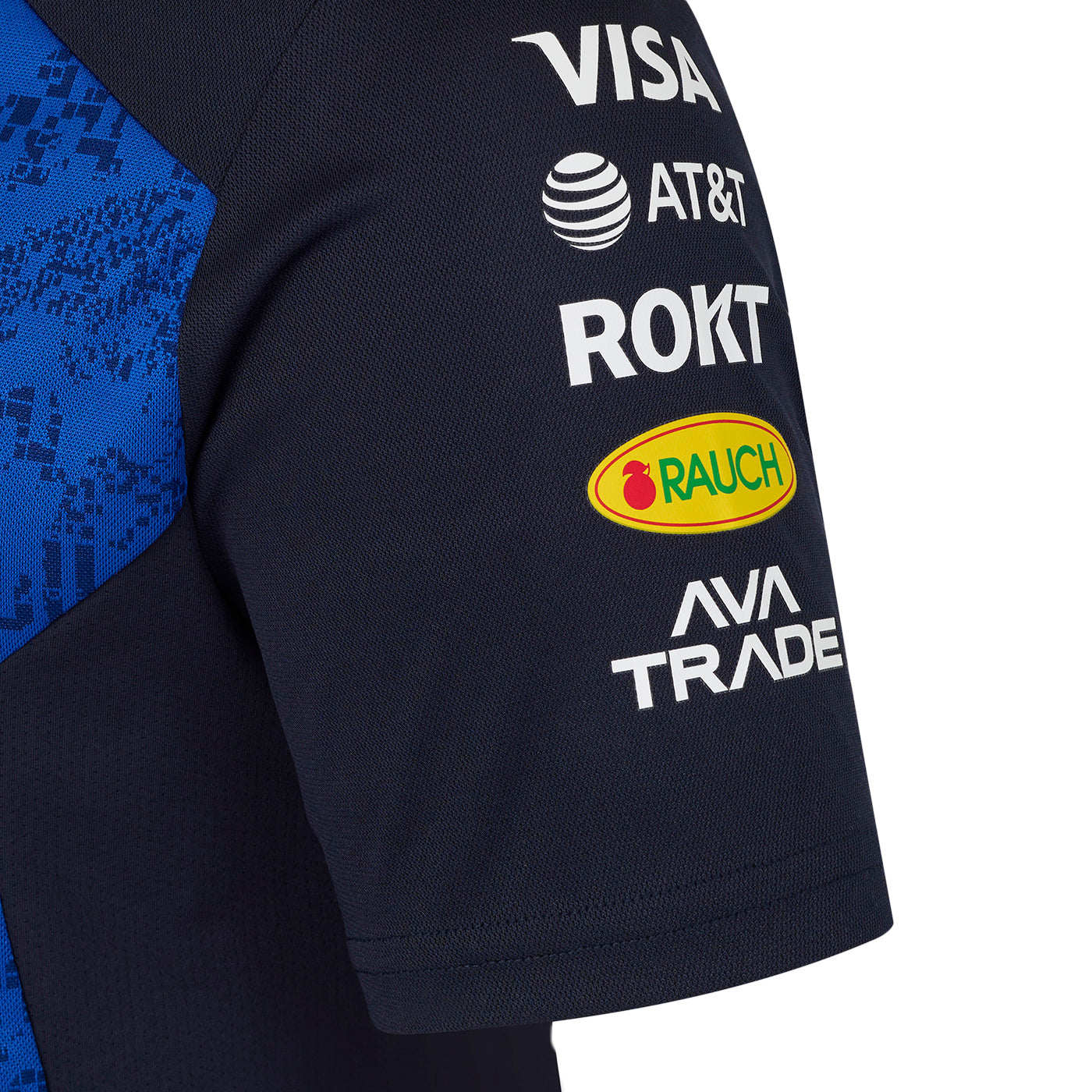 Black sleeve with logos of Visa, AT&T, ROKT, Rauch, and Ava Trade on a blue background