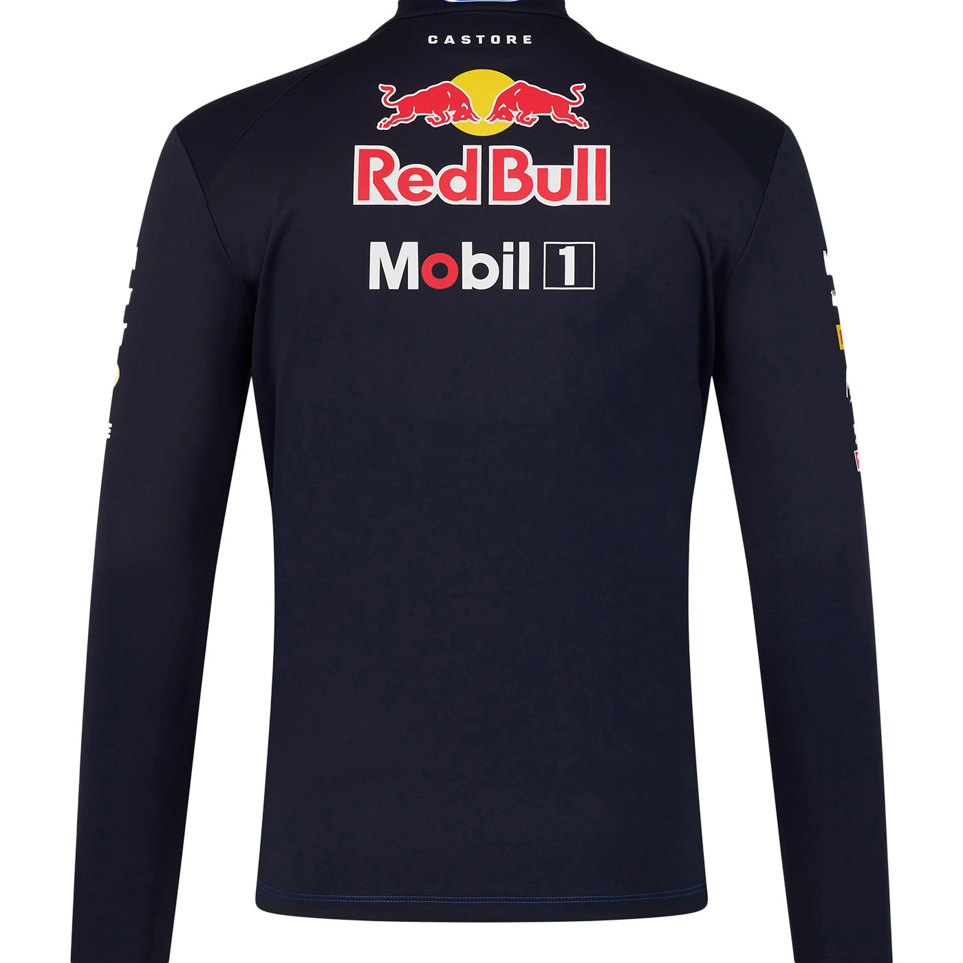 Black long-sleeve shirt with Red Bull and Mobil 1 logos on a white background