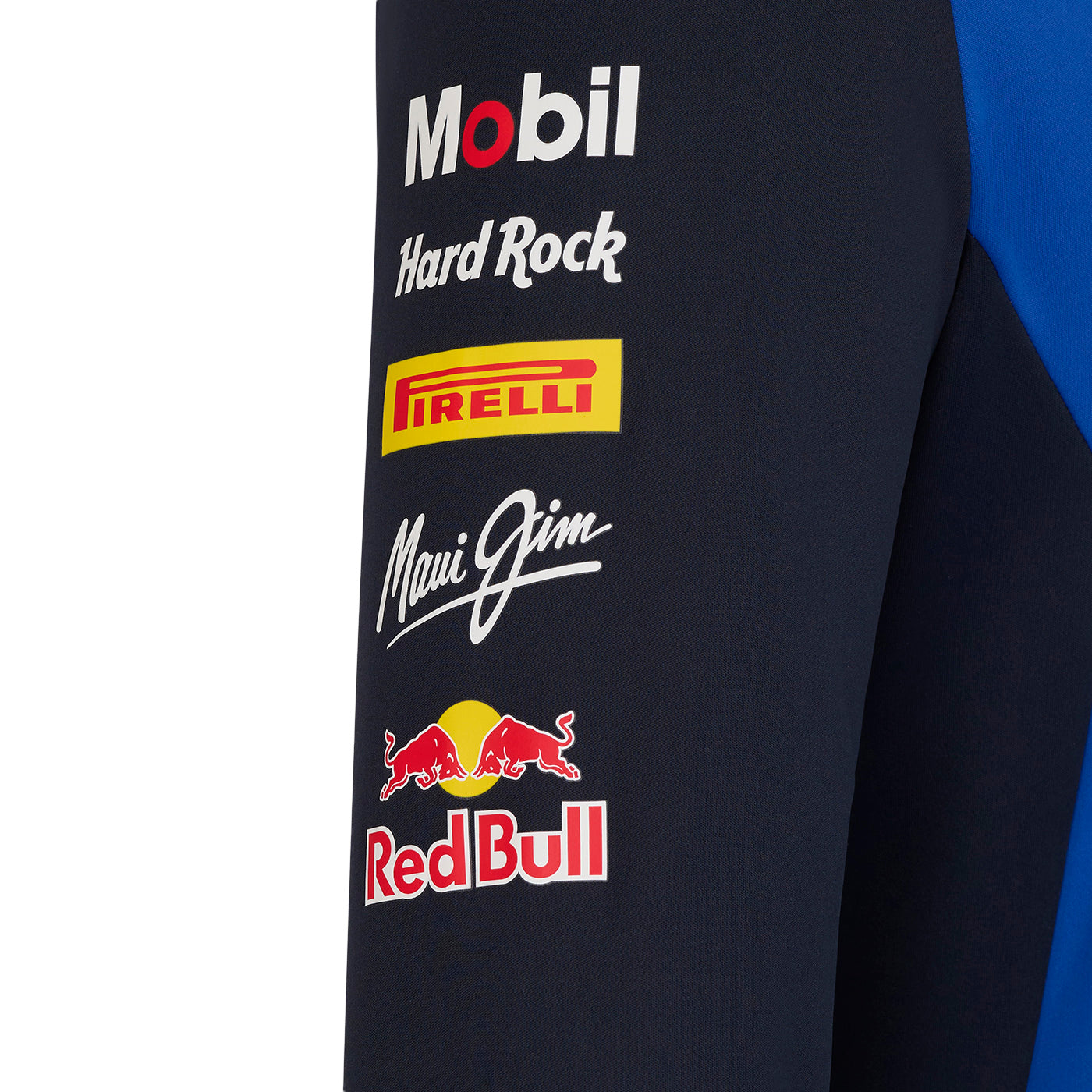 Close-up of a black jacket with various brand logos including Mobil, Hard Rock, Pirelli, Maui Jim, and Red Bull.