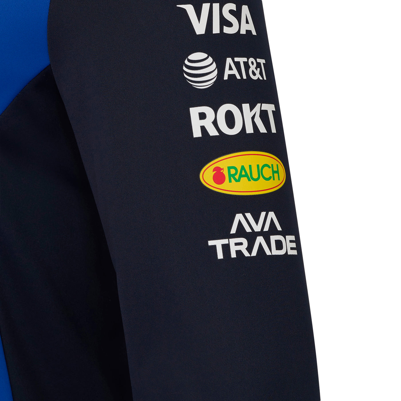 Black sleeve with various brand logos including Visa, AT&T, ROKT, Rauch, and AVA Trade.