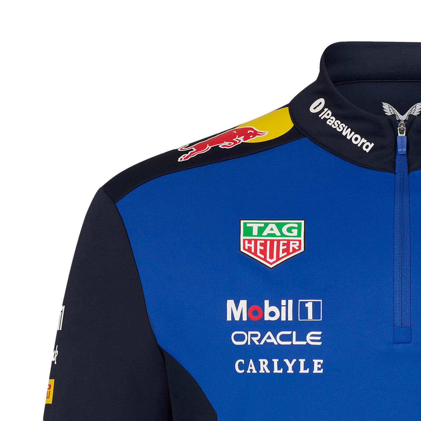 Blue and black jacket with various brand logos on a white background