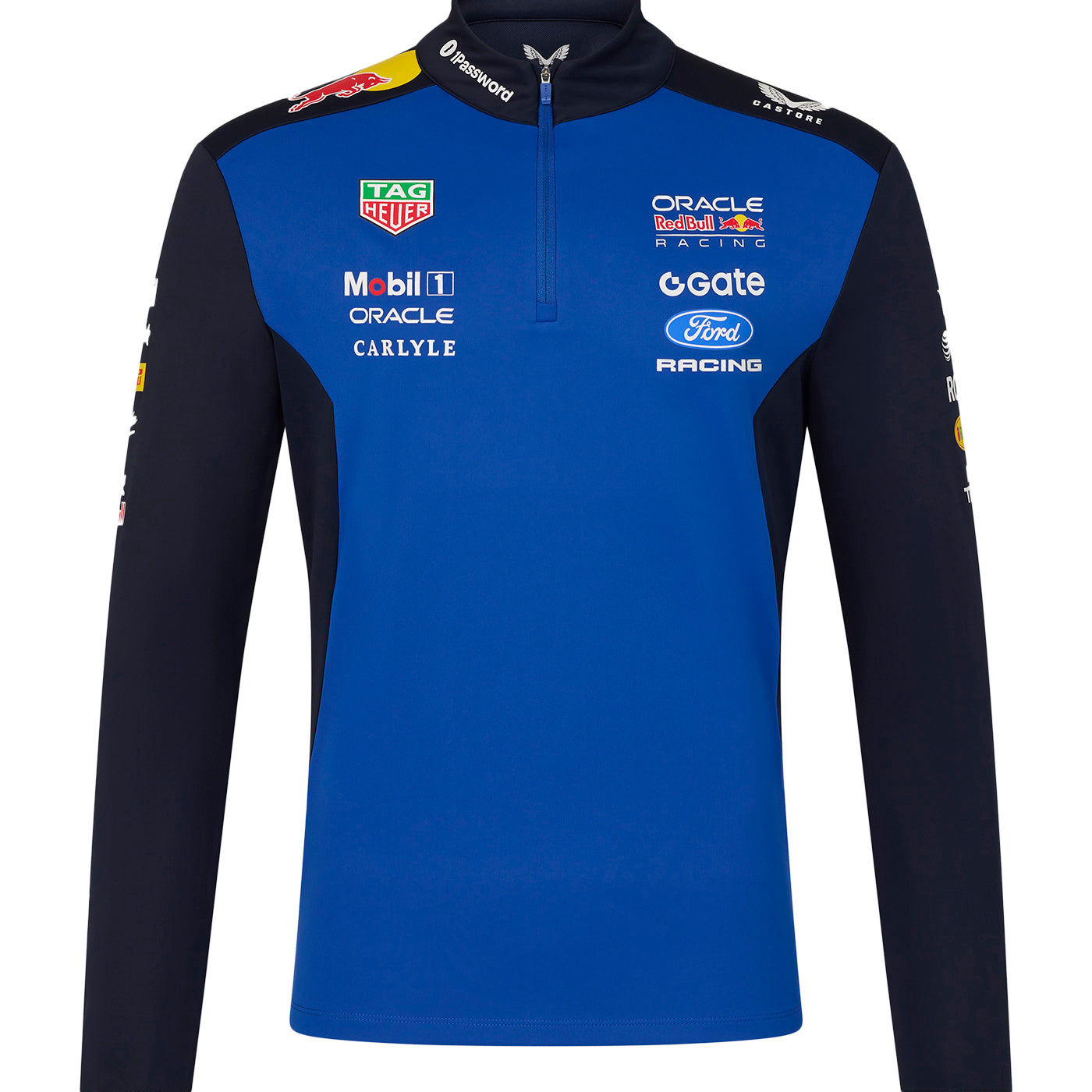 Blue and black long-sleeve shirt with various sponsor logos on a white background