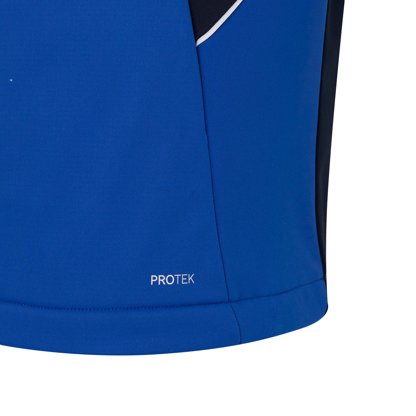 Blue sports jacket with 'Protek' branding on a white background