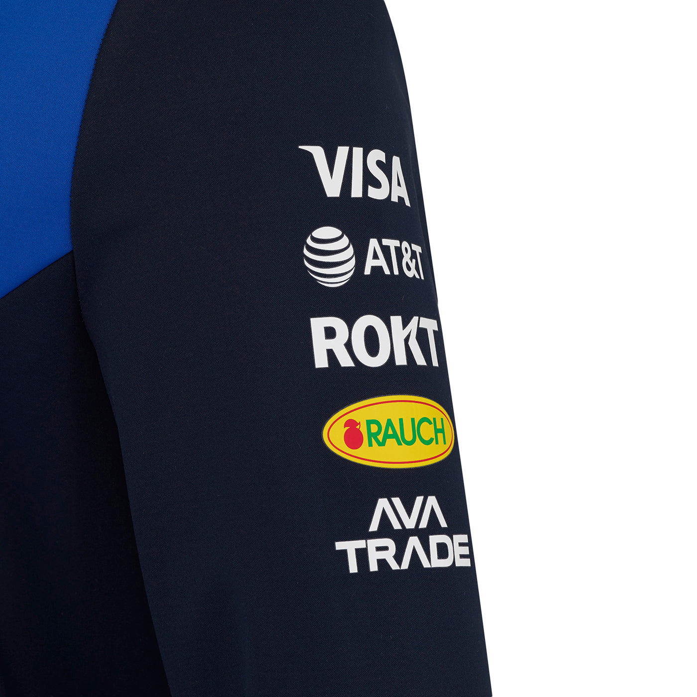 Black sleeve with logos of Visa, AT&T, ROKT, Rauch, and AVA Trade on a blue background