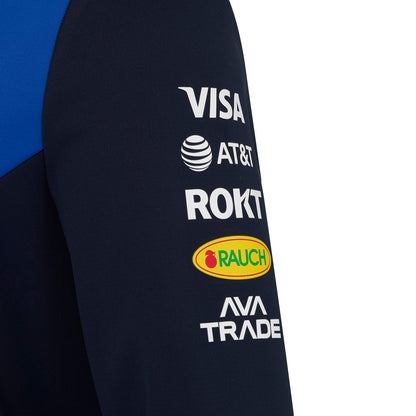 Black sleeve with logos of Visa, AT&T, ROKT, Rauch, and AVA Trade on a blue background