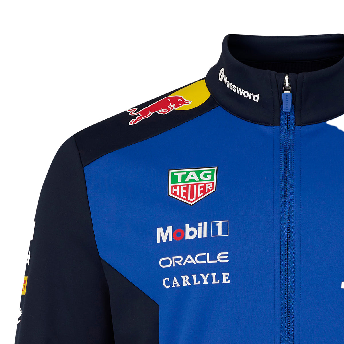 Blue and black jacket with various brand logos on a white background