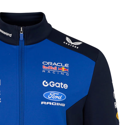 Blue and black racing jacket with Oracle Red Bull Racing, Gate, and Ford Racing logos on a white background.